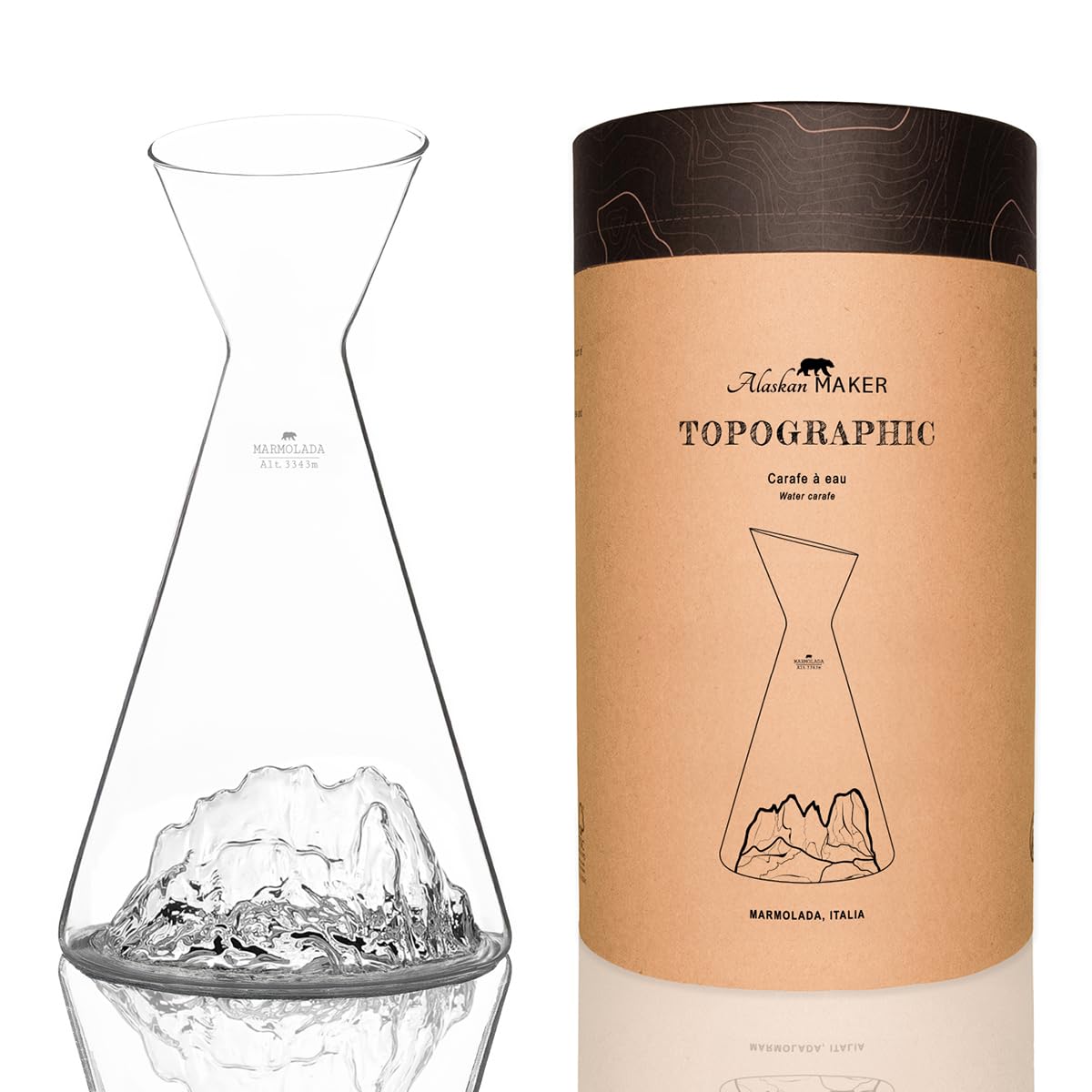 Decantador de agua de 1 litro, borosilicato de alta calidad soplado a mano con las montañas elevadas | TOPOGRAPHIC (Marmolada)