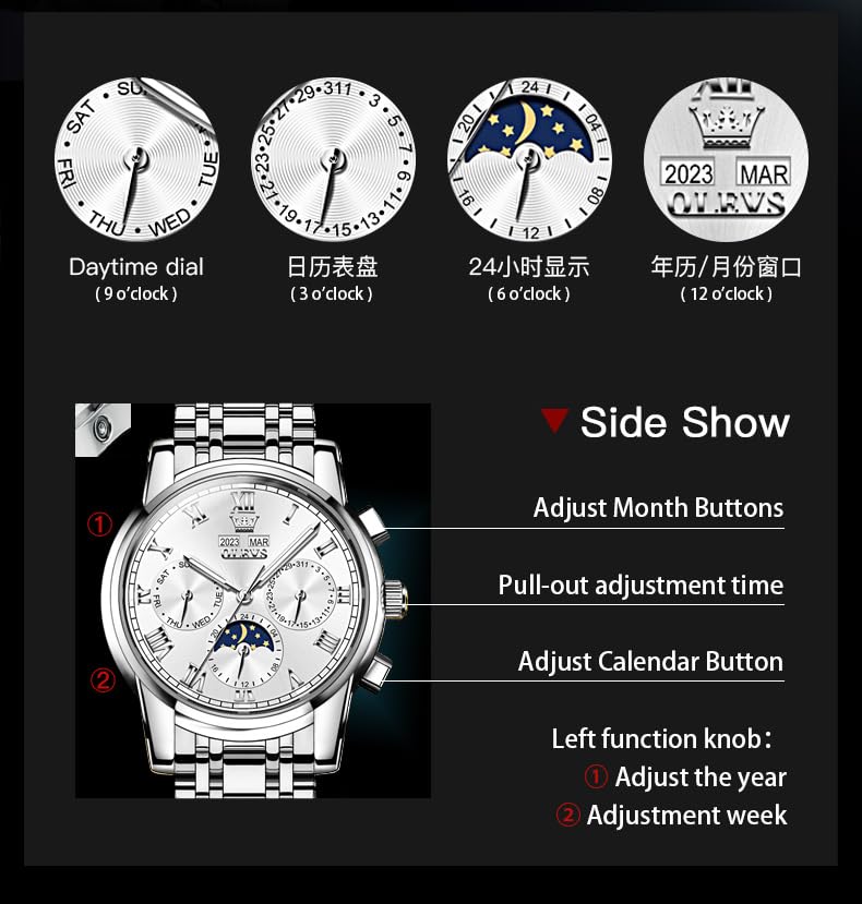 Image of OLEVS Watches for Men Automatic Mechanical Self Winding Dress Wrist Watch Multifunction Calendar Waterproof Luminous