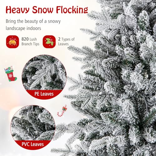 Image of Goplus 6ft Pre-Lit Snow Flocked Christmas Tree, Artificial Hinged Full Xmas Tree with 260 Multicolored LED Lights, 8 Lighting Modes, 820 PVC & PE Tips, Lighted Fake Christmas Tree for Office Home