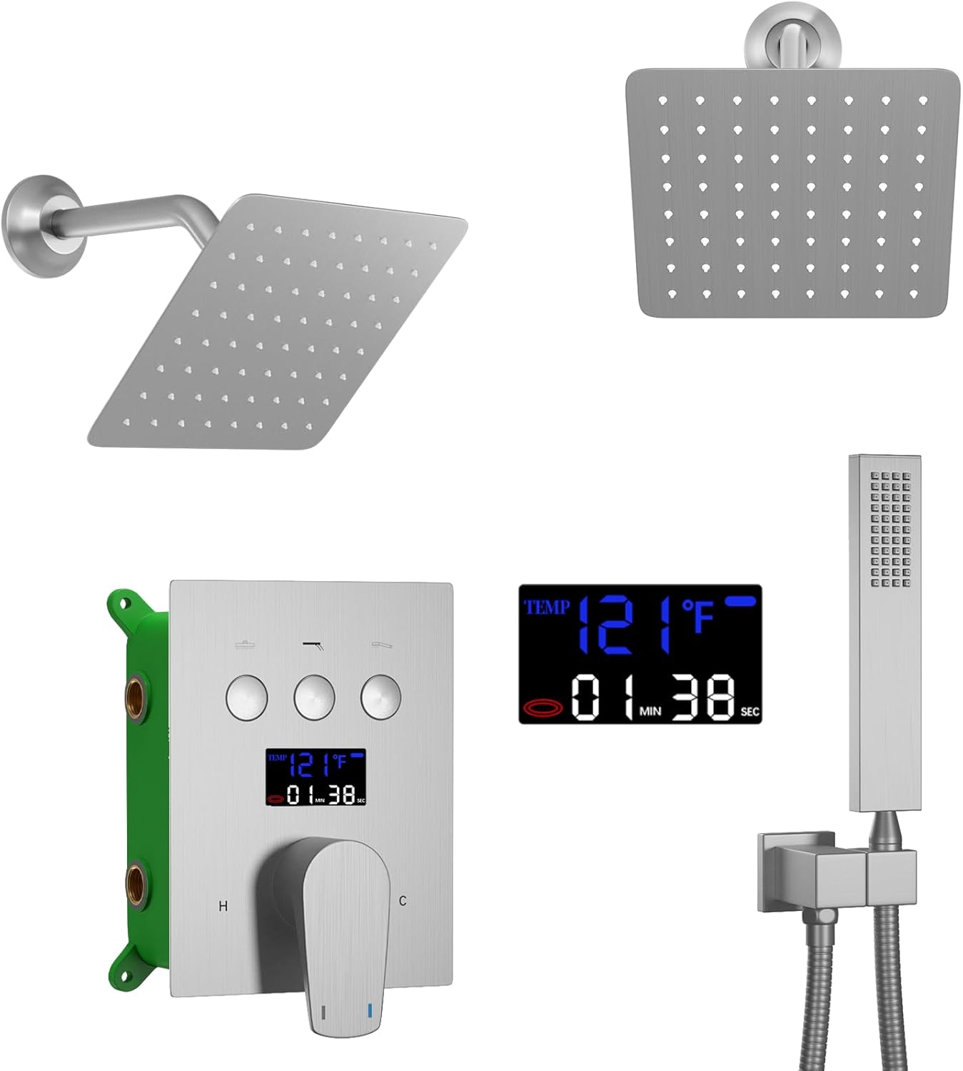 AYIVG Brushed Nickel 8 Inch Dual Shower Head System For Couples Multi-function Digital Display Shower Faucet Set Rainfall Shower System with 2 Rain Shower Head