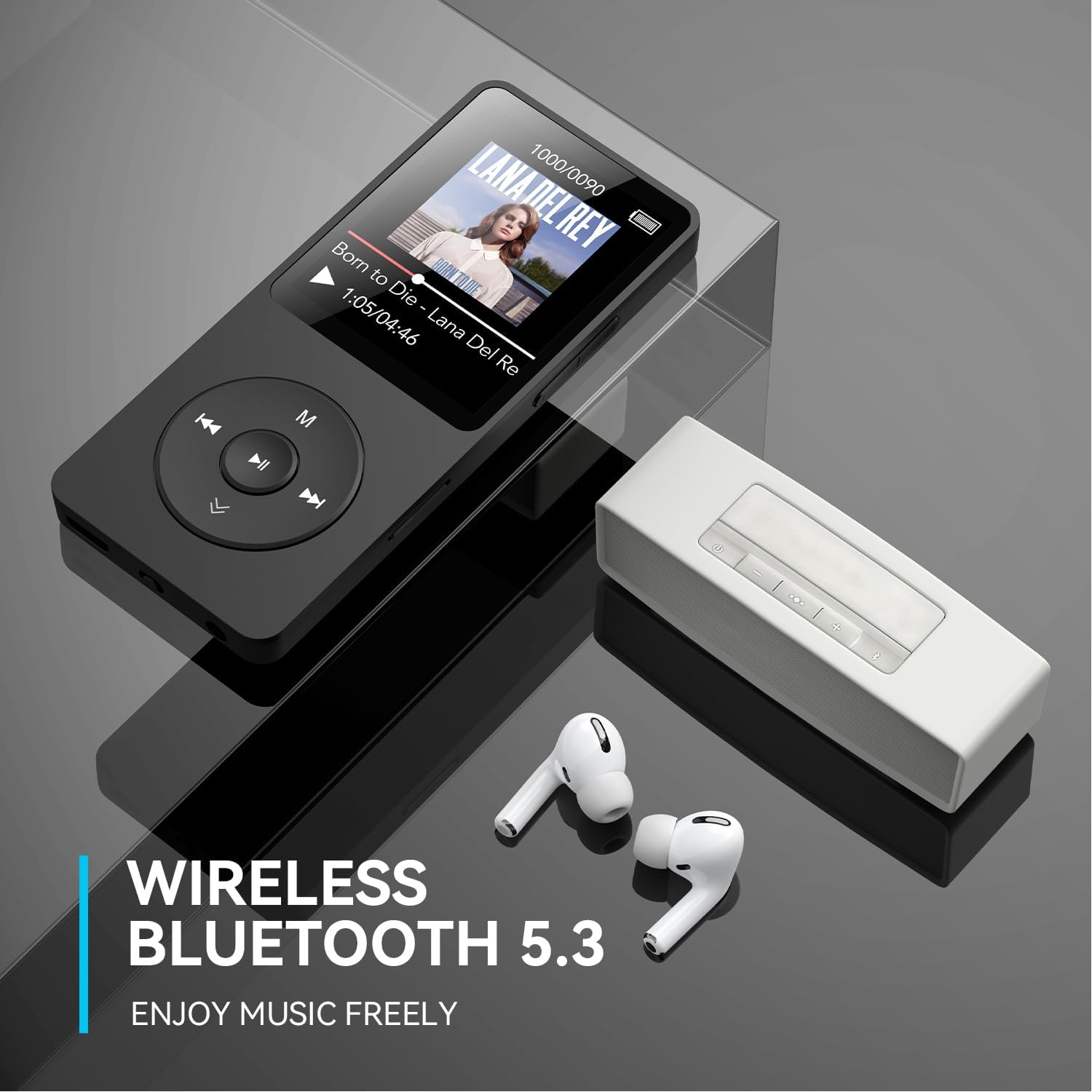 AGPTEK A02 MP3 Player with Bluetooth 5.3, 1.8 inch Screen Portable Music Player with Speaker, FM Radio, Voice Recorder, Supports Expanded Up to 128GB(Black, 32GB)