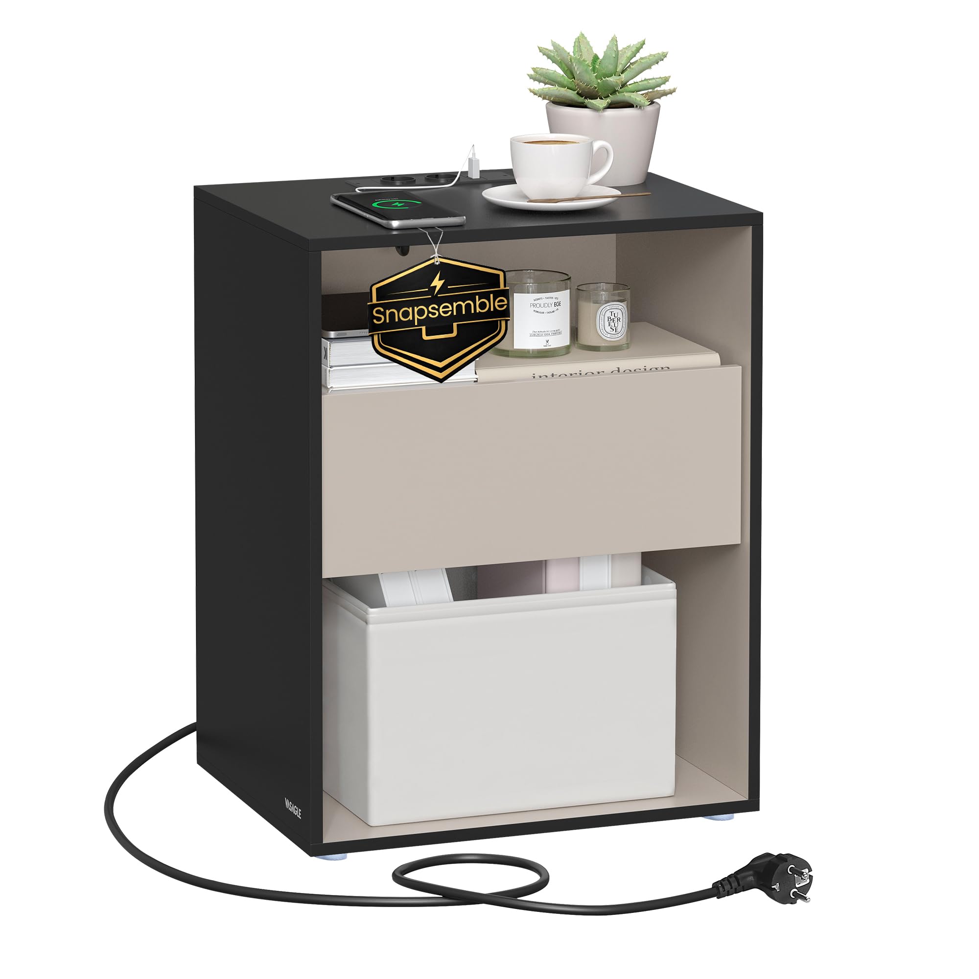 VASAGLE Nachttisch Snapsemble, mit Ladefunktion, mit 1 Schublade | Beistelltisch, Nachtschrank, superschnelle Montage, Schlafzimmer, tintenschwarz-cappuccinobeige, KADIN Kollektion LET777B04