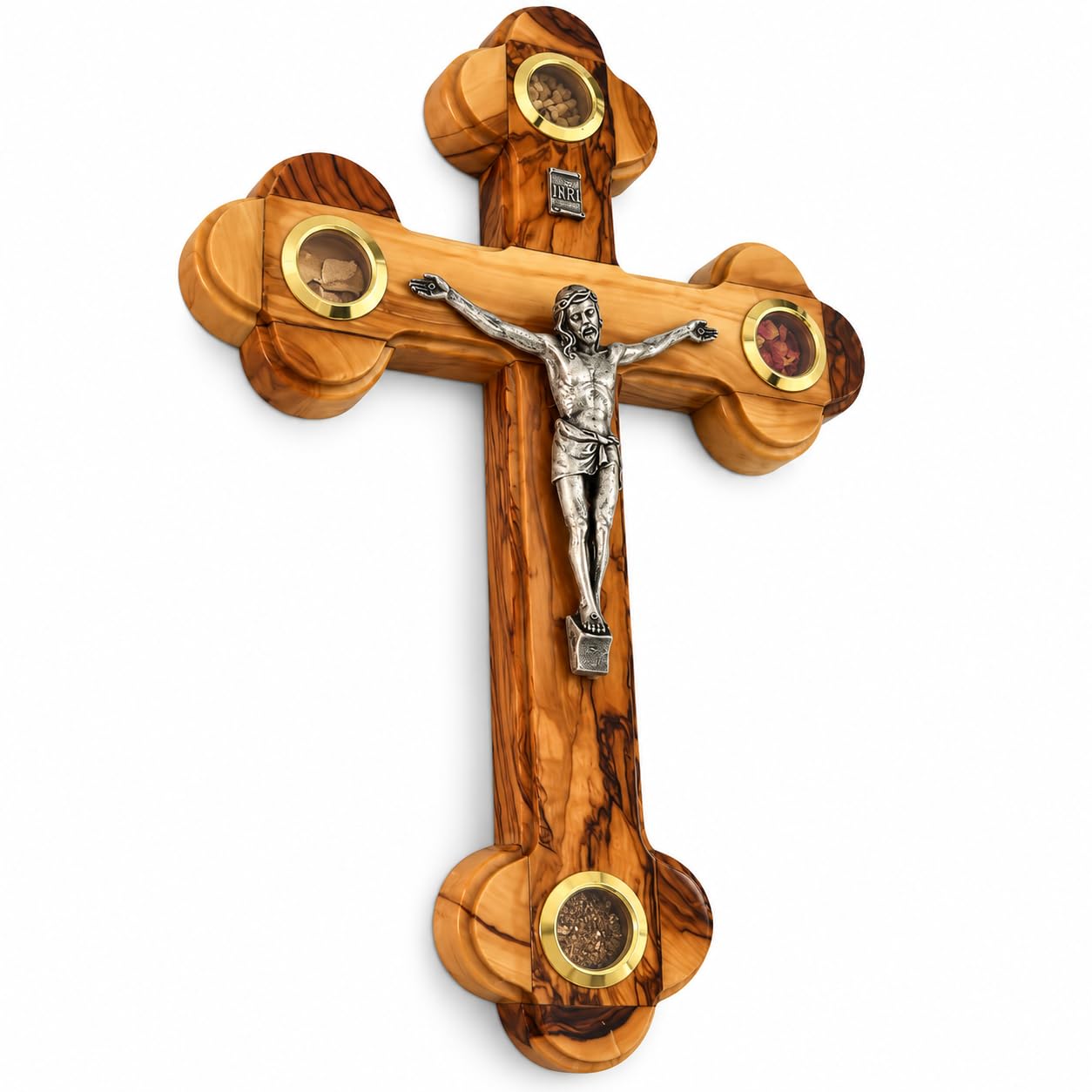 Kruzifix aus Olivenholz mit 4 Relikten des Heiligen Landes, christliches