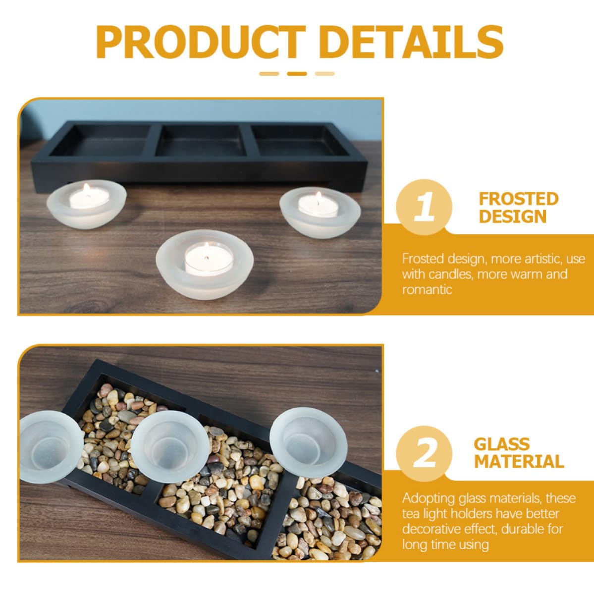 Portavelas de Vidrio Esmerilado para Té, Base de Madera Negra