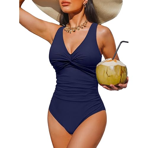 Women's Tummy Control One Piece Swimsuit Push Up Full Coverage Bathing Suit | V-Neck Twist Front, Low-Back Design, Adjustable Straps, Removable Pads, Full Coverage, Long-Torso Fit, Beach and Pool Days