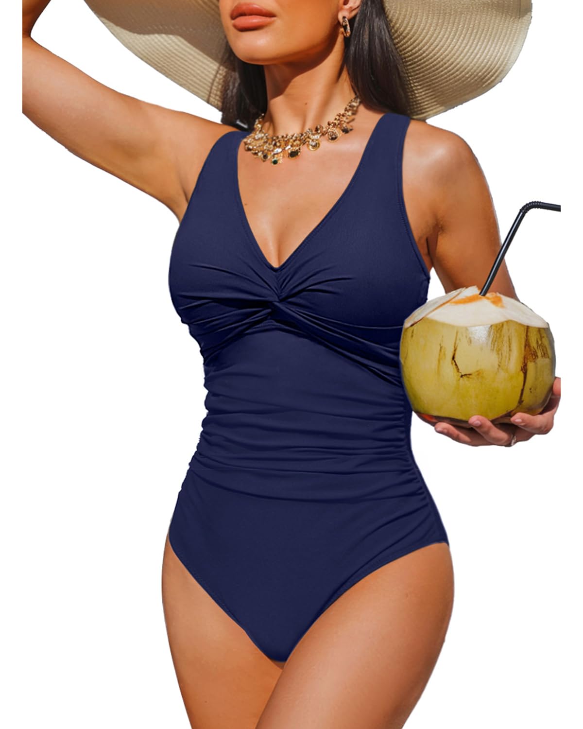 Holipick Women Tummy Control One Piece Swimsuit - Push Up Bathing Suit Full Coverage Slimming Swimwear, Navy Blue, Large