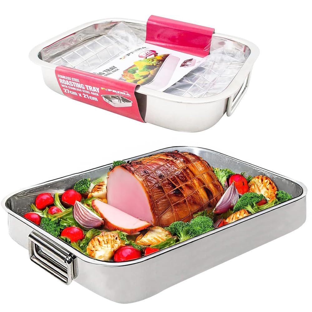 Bargains-Galore Silver Stainless Steel Roasting Trays - Oven Pan Dish Baking Roaster Tray Grill Rack | Strong Durable, Long Lasting | Removable Grill Racks | Handles (37Cm X 28.5Cm)