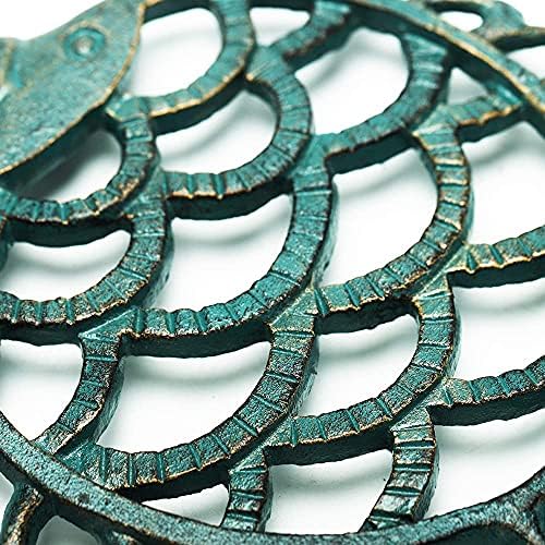 Sungmor Cast Iron Cute Fish Trivet for Wood Stove - Dia-7.5 Inch Dark Green Finish - Rustproof Round Stands for Hot Pots/Dishes/Pans - Decorative Metal Table Trivet for Kitchen Cooking