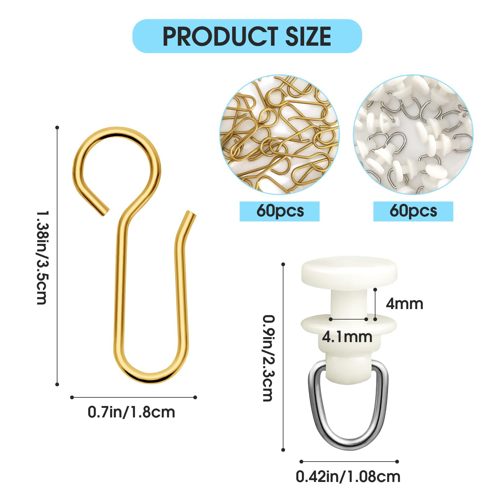 Mooshy 120 sztuk haczyków do firanek na szyny, 60 sztuk, plastikowe zasłony, ślizgacze z 60 sztukami, złote, metalowe rolki do zasłon okiennych, zasłony prysznicowej, nadają się do łazienki i WC