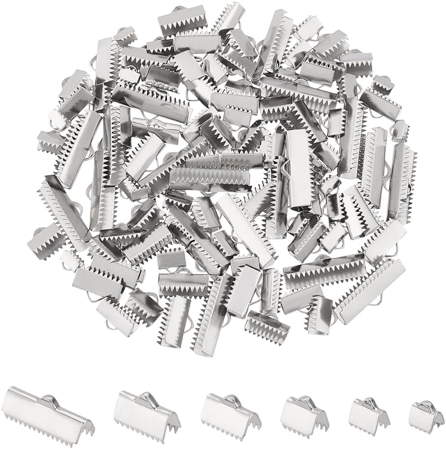 UNICRAFTALE About 120pcs 6 Sizes Rectangle Ribbon Ends with Clamps Stainless Steel Ribbon Crimp Ends Leather Pinch Crimp Fastener for DIY Choker Bracelet Bookmark Making