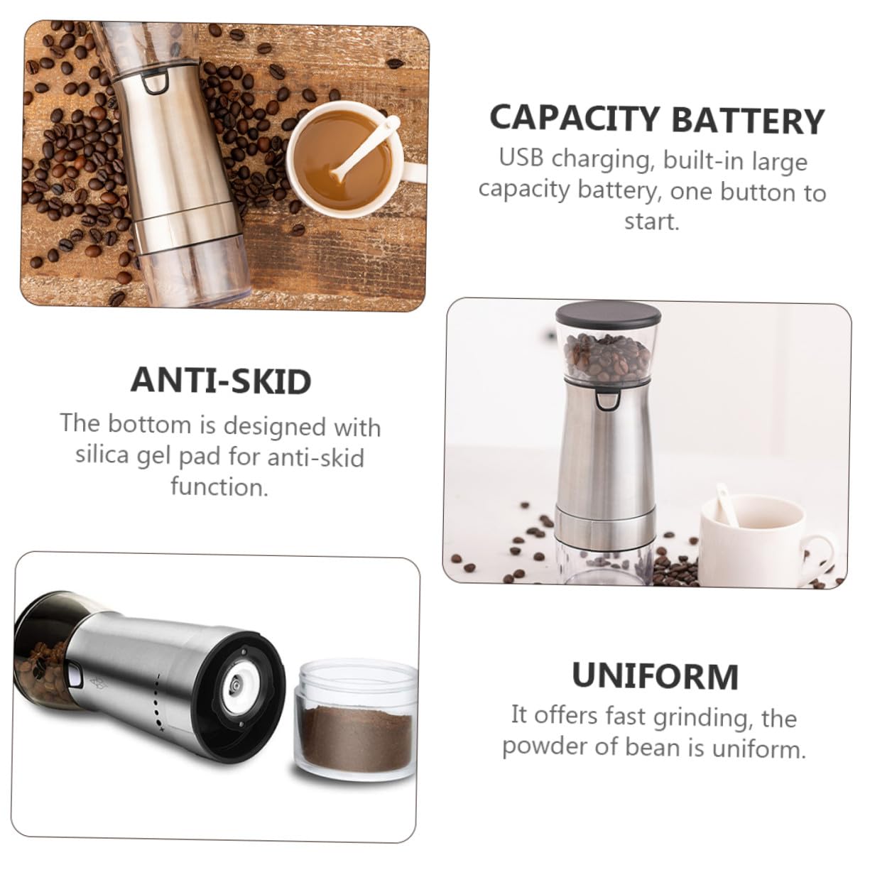 Molinillo Eléctrico de Acero Inoxidable para Café Ajuste de Cinco Niveles | Carga Usb, Grosor Regulable, Acabado Plata, Núcleo Cerámico y Piezas Pet, Pp y Abs