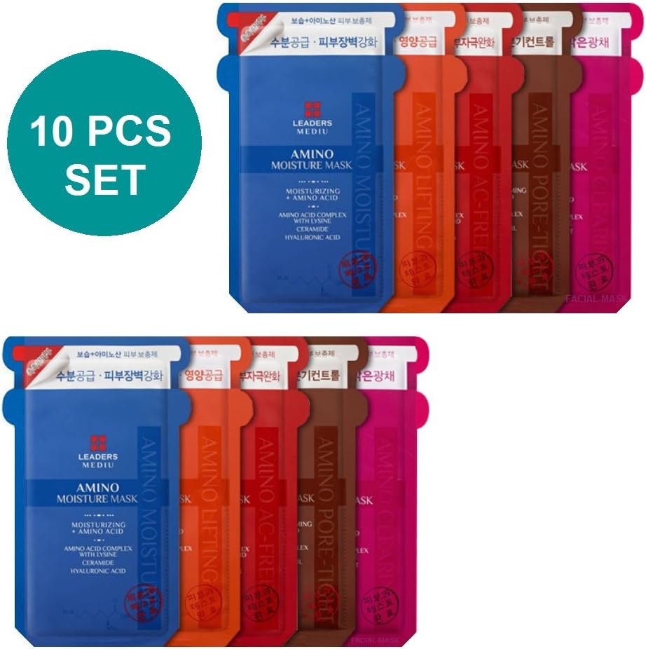 Leaders Amino Korean Face Mask: Beauty Face Masks w/ 2 Sheet Masks Each of Pore Tightening, Acne Control, Lifting, Skin Clearing, and Moisture (Best Anti Aging Face Masks in FACIAL-MASK Packaging)