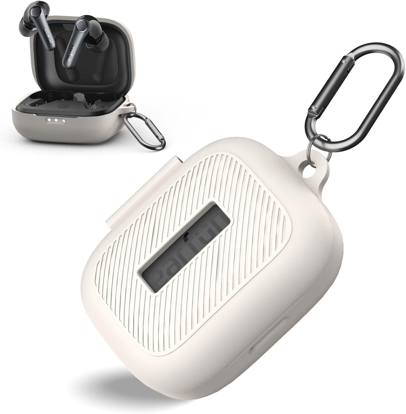 for EarFun Air Pro 4 Case Cover, Soft Silicone Protective Portable Scratch Shock Resistant Logo Visible Design Cover Compatible with EarFun Air Pro 4 Charging Case with Carabiner-Apricot