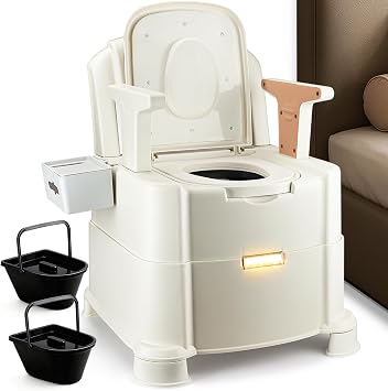Bedside Commode, 500lbs Heavy Duty & Upgraded Commode Toilet Potty Chair, Portable Camping Toilet, Detachable Armrests, Automatic LED Light, 2-Level Height, 3 Rolls of Commode Liners Brown