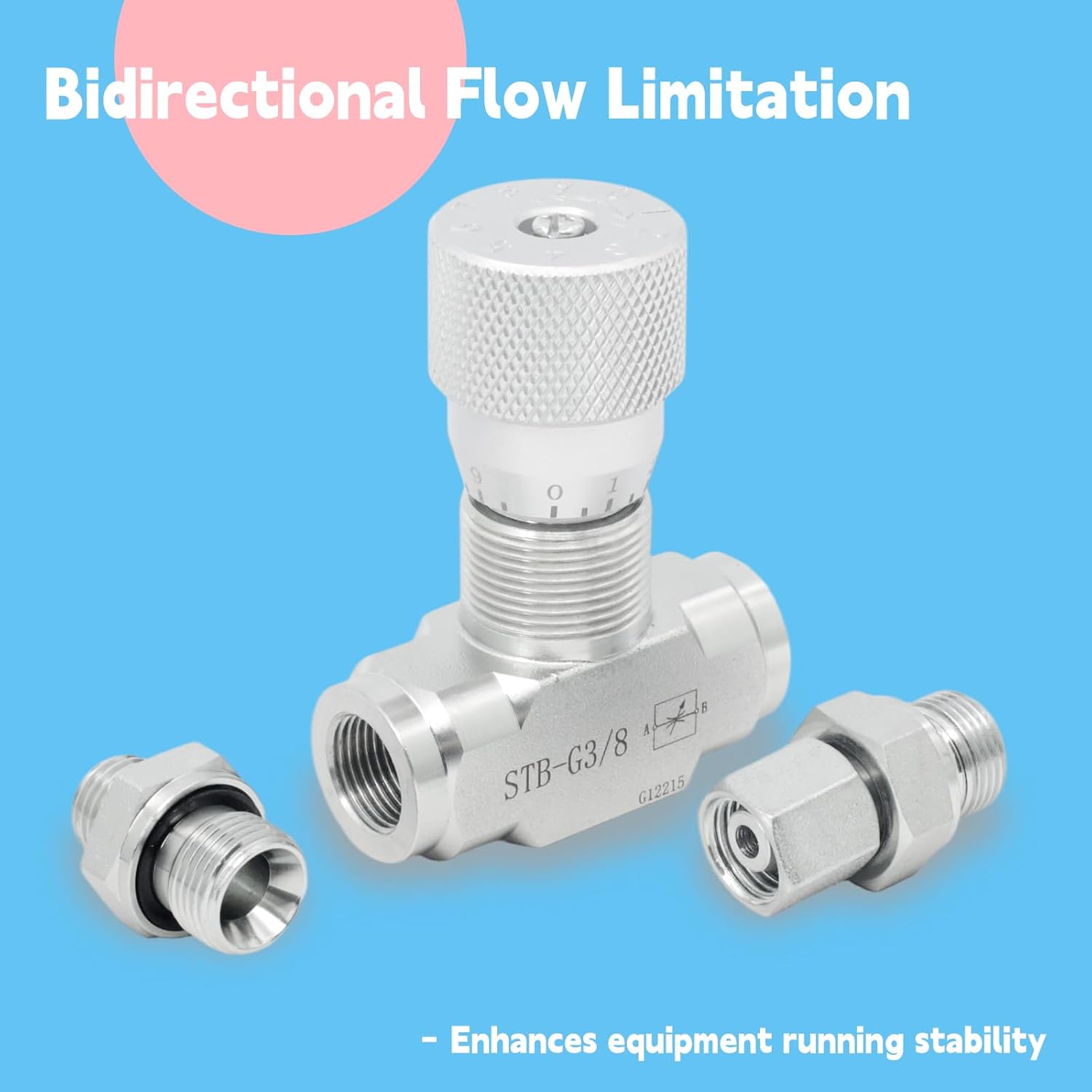 STB-G3/8 3/8" L08 Hydraulic Flow Control Valve Compatible with 1-2 Ton Mini Excavator, Bidirectional Restrictor Valve w/Two-Sided Connectors