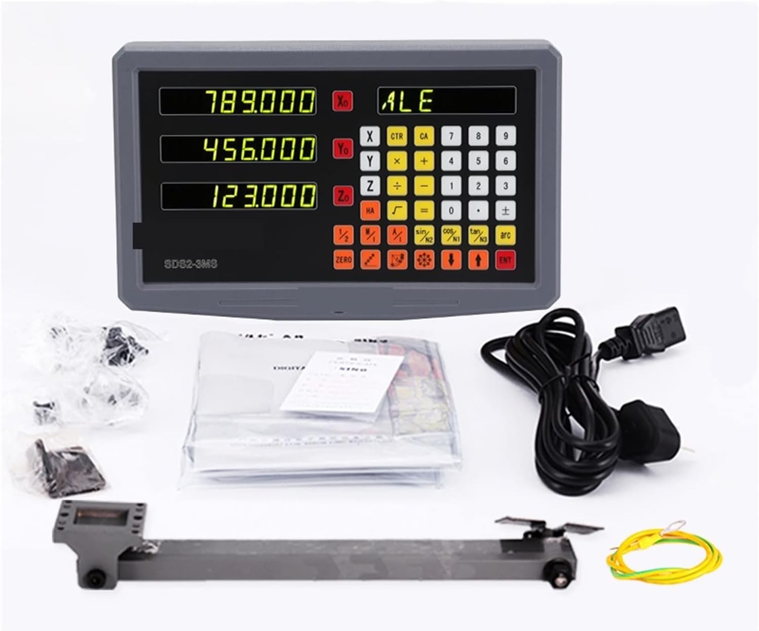 SURRYN SDS3MS DRO display unit with power cable, manual, and mounting accessories.