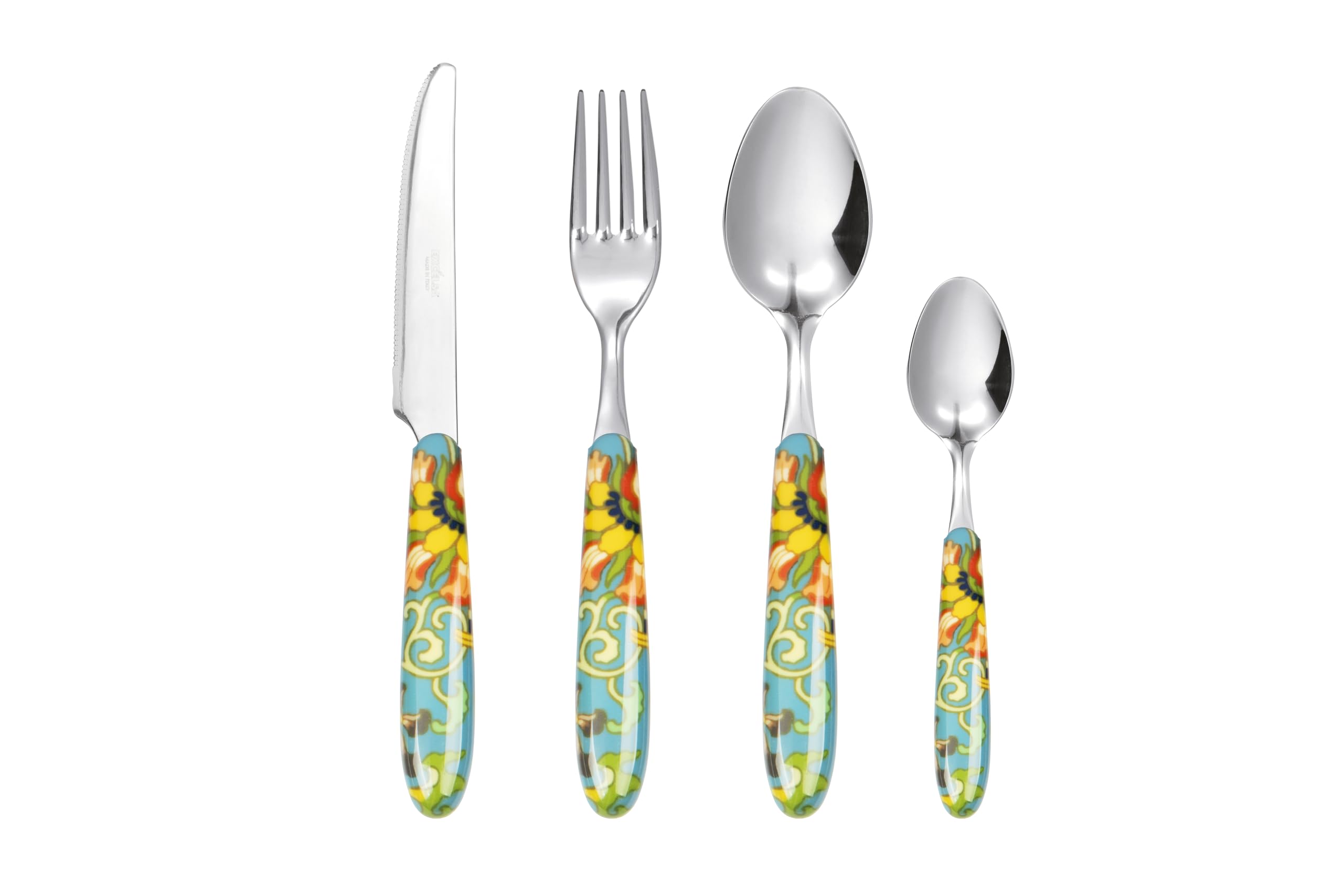 Excelsa La Via Della Seda - Juego de 24 cubiertos multidecoración, acero inoxidable, mango de plástico