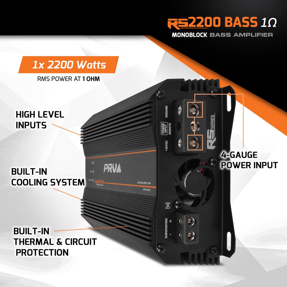 PRV Audio 2200 Watts Monoblock Class D Subwoofer Amplifier RS2200 BASS 1 Ohm – 12 Volts Car Amp, Built-in Crossover, Bass Boost, Smart Fans with Remote Sub Level Control Bass Knob Included
