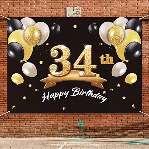Pakboom Happy 34Th Birthday Banner Backdrop - 34 Birthday Party Decorations Supplies For Men - Black Gold 4 X 6Ft #TOP4