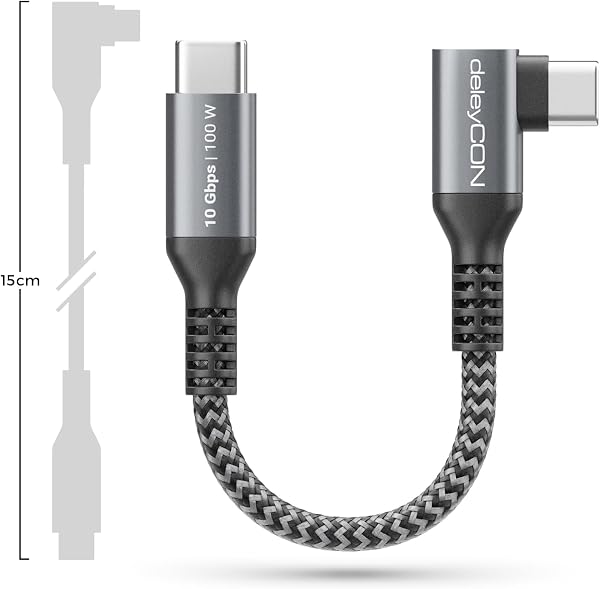 deleyCON 0.15m USB-C Cable 100W 10Gbps Short Angled 90 Degree (USB 3.2 Gen2) PD 3.0 Charging Data 4K@60Hz for iPhone 17 16 15 Galaxy A16 A26 A56 S26 S25 S24 iPad SSD HDD MacBook PS5 - 3