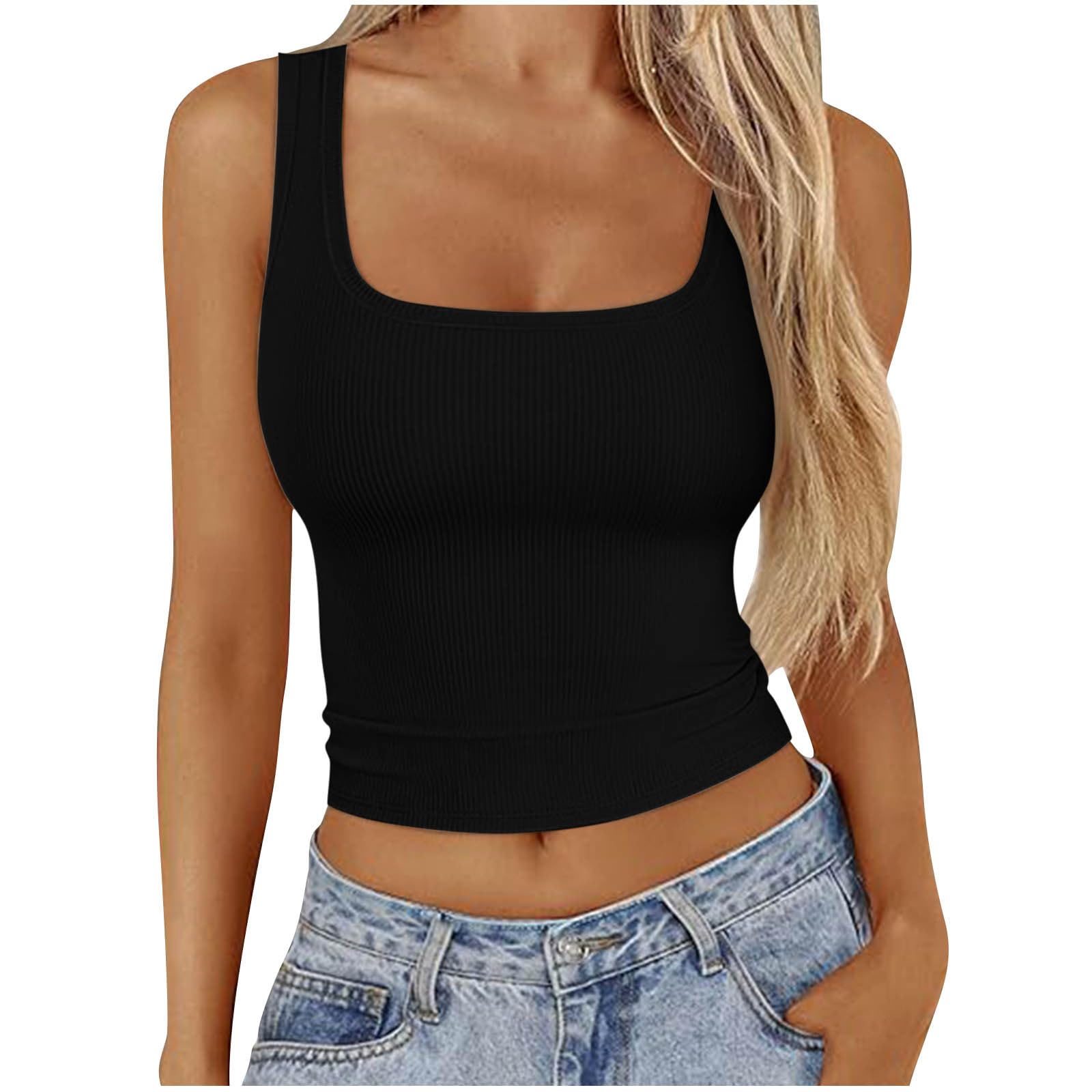 Women's Crop Tank Tops Basic Square Neck Ribbed Knit Plain Camisole Casual Workout Yoga Slim Fitted Y2k Blouses