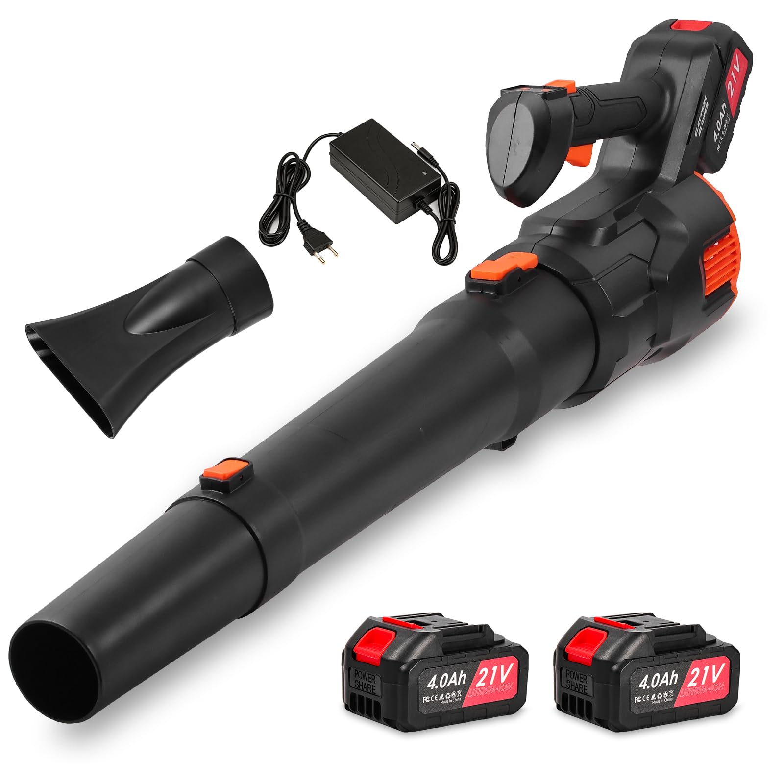 Soplador de Hojas a Batería 21V con 2 Baterías 4000mAh, 3 Velocidades,119MPH 494CFM, con Tubo Recto y Curvo, Soplador Bateria para Jardín, Patio y Hogar