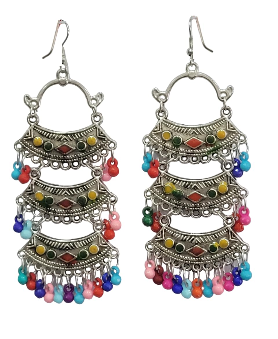 Long Hoop Oxidised Earrings for Women Girls multicolored Dangles Big Size | Light weight | Navratri gift (THREE LAYER-Multicolor) (B0CLH4FRPJ) Amazon Price History, Amazon Price Tracker