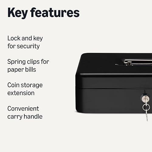 Miniatura 2 de Tienda Basics Caja de efectivo con llave de bloqueo y bandeja organizadora de dinero, 3.54 pulgadas de alto x 11.81 pulgadas de ancho x 9.45