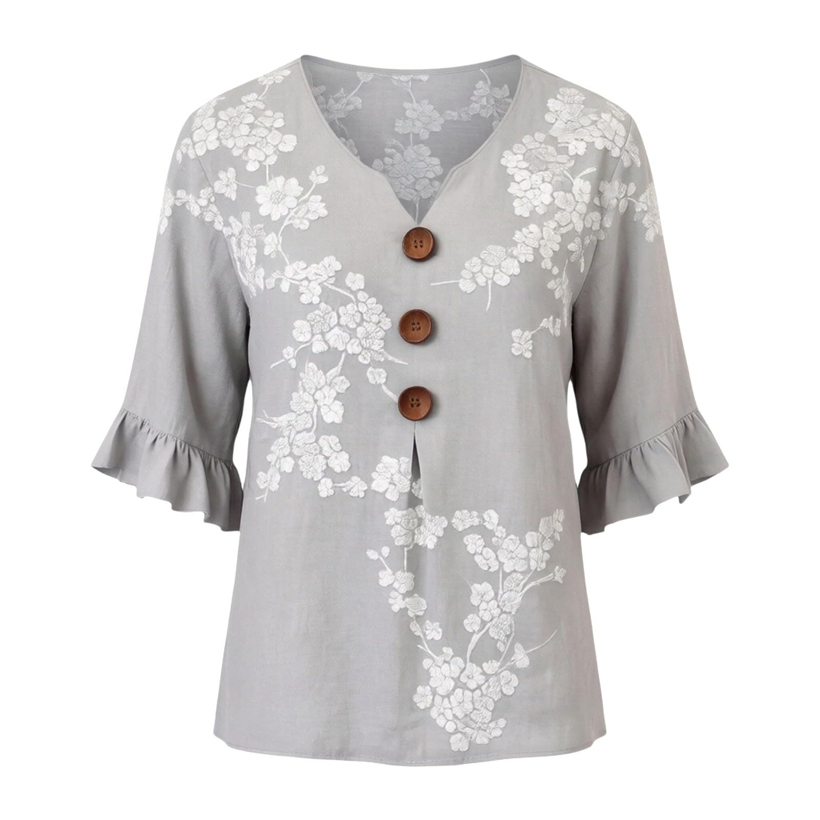 Chemise Femme Lin Coton Chic et Elégant Manche 3/4 Col V Boutonné Blouse Chemisier Haut Lâche Respirant D'Été à Manches Volantées à Imprimé Floral T-Shirts Bohème Top Léger Casual Ample de Plage