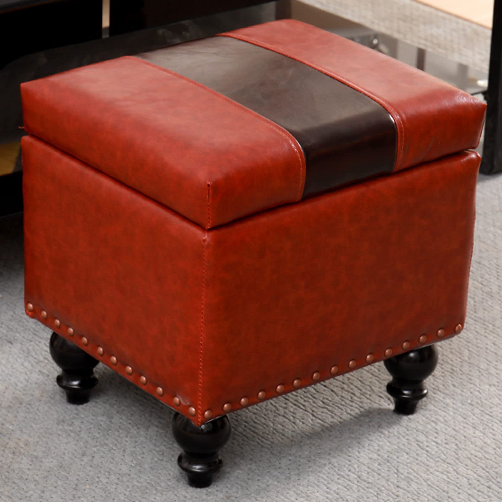 Pouf de Rangement Carré LUNEZY Repose-Pieds Cuir Rivet Siege Rembourre Empilable