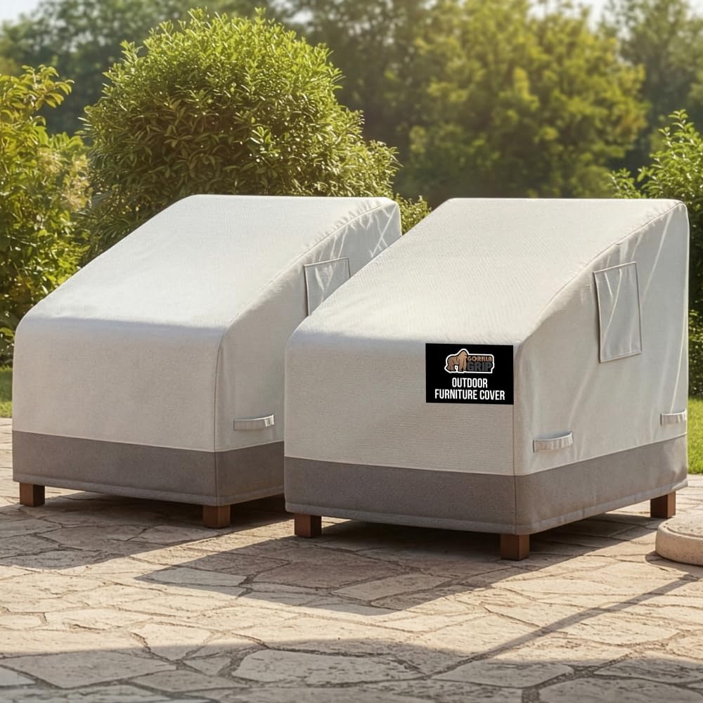 GORILLA GRIP Waterproof Medium Outdoor Patio Chair Cover, 2 Pack, 36 Inch, Heavy Duty 600D Furniture Covers Sets for Winter, Keep Cushions Dry, Protects from Sun, Snow, Rain, Windproof, UV Coated