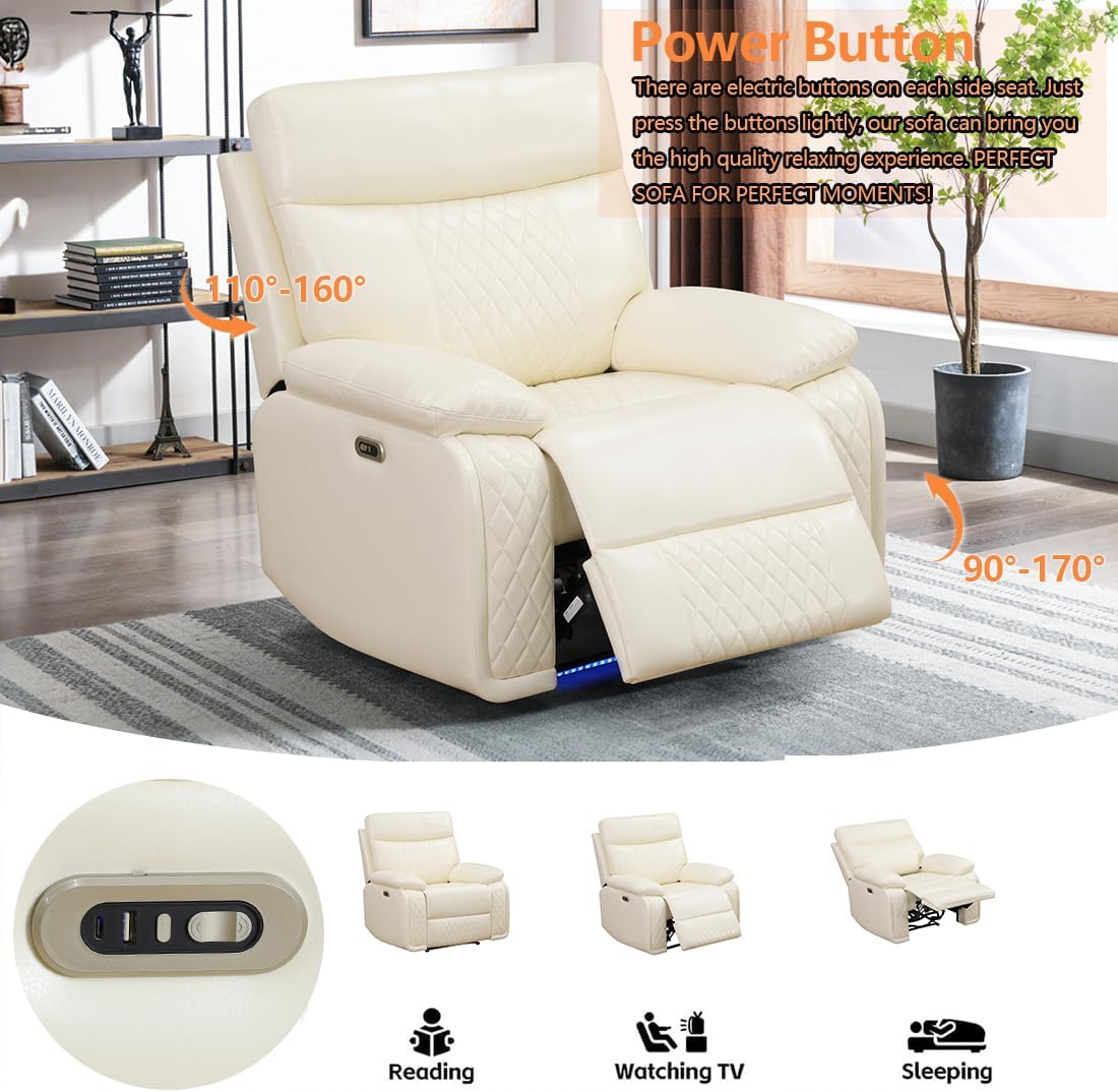 Beige Leather Power Recliner Chair, Power Living Room Furniture Sets with LED, Reclining Single Sofa Chair with Adjustable Angle for Reading Watching TV,Recliner Couch for Living Room,Office