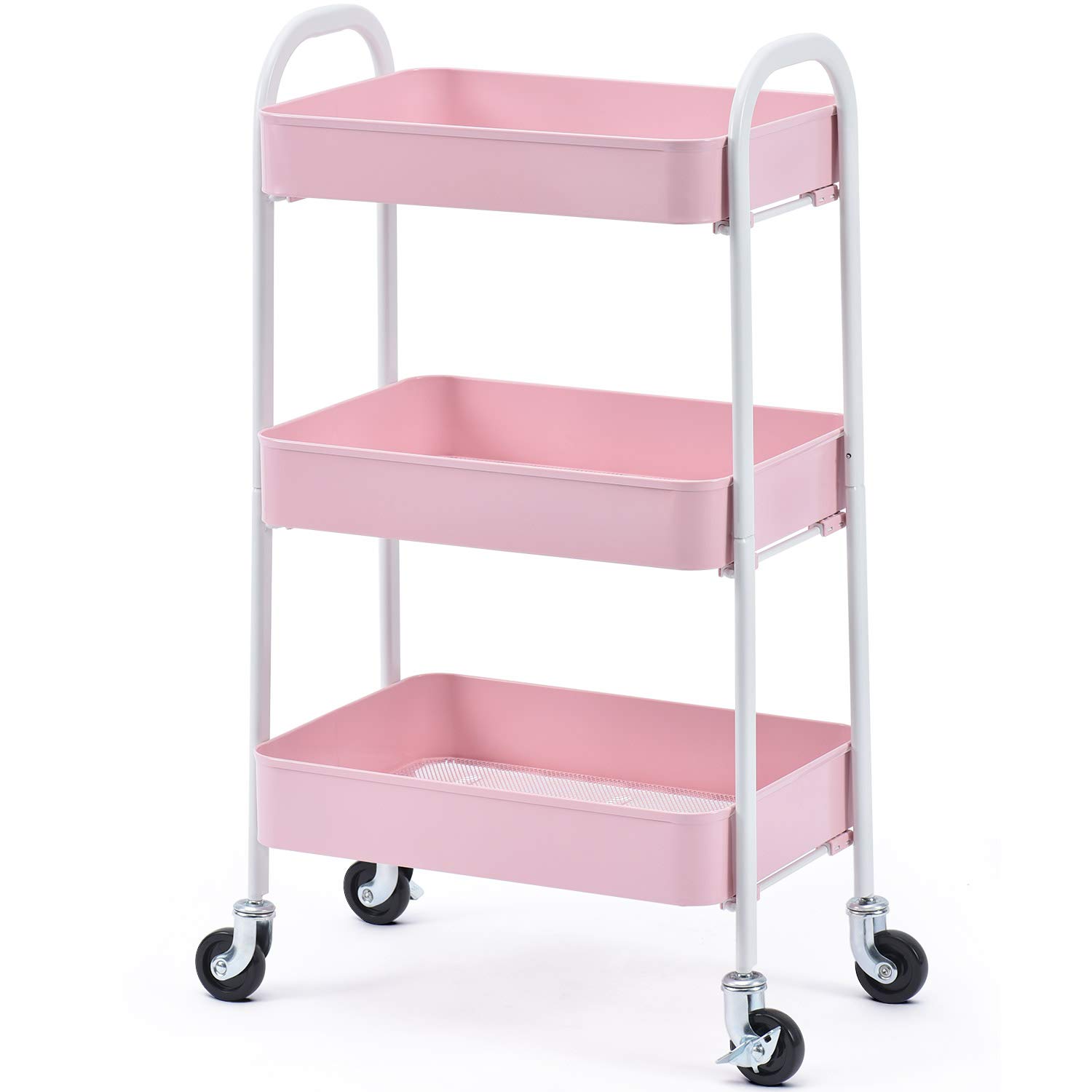 TOOLF Metal Utility Cart No Screw, 3-Tier Easy Assemble Utility Serving Cart, Sturdy Storage Trolley with Handles & Lockable Wheels for Kitchen Garage Bedroom Bathroom, Light Pink