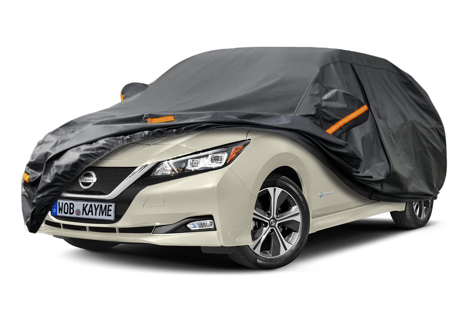 Kayme 7-warstwowy pokrowiec na samochód hatchback wodoodporny oddychający, dopasowany do Nissan Leaf (2010-2024), na zewnątrz pełna osłona przed słońcem, deszczem, kurzem, ochroną przed każdą pogodą.