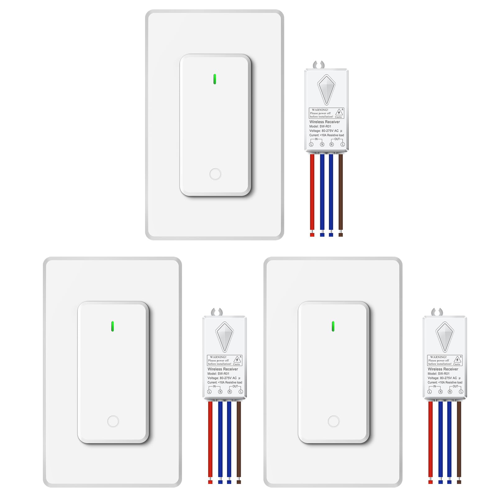 NineLeaf 3Stück Kabelloser Lichtschalter und Empfänger Kit,Keine Verkabelung,kein WiFi,Programmiert,erweiterbarer kabelloser Wandschalter Empfänger Kit,Fernbedienung für Lampe,Deckenleuchte,Ventilator