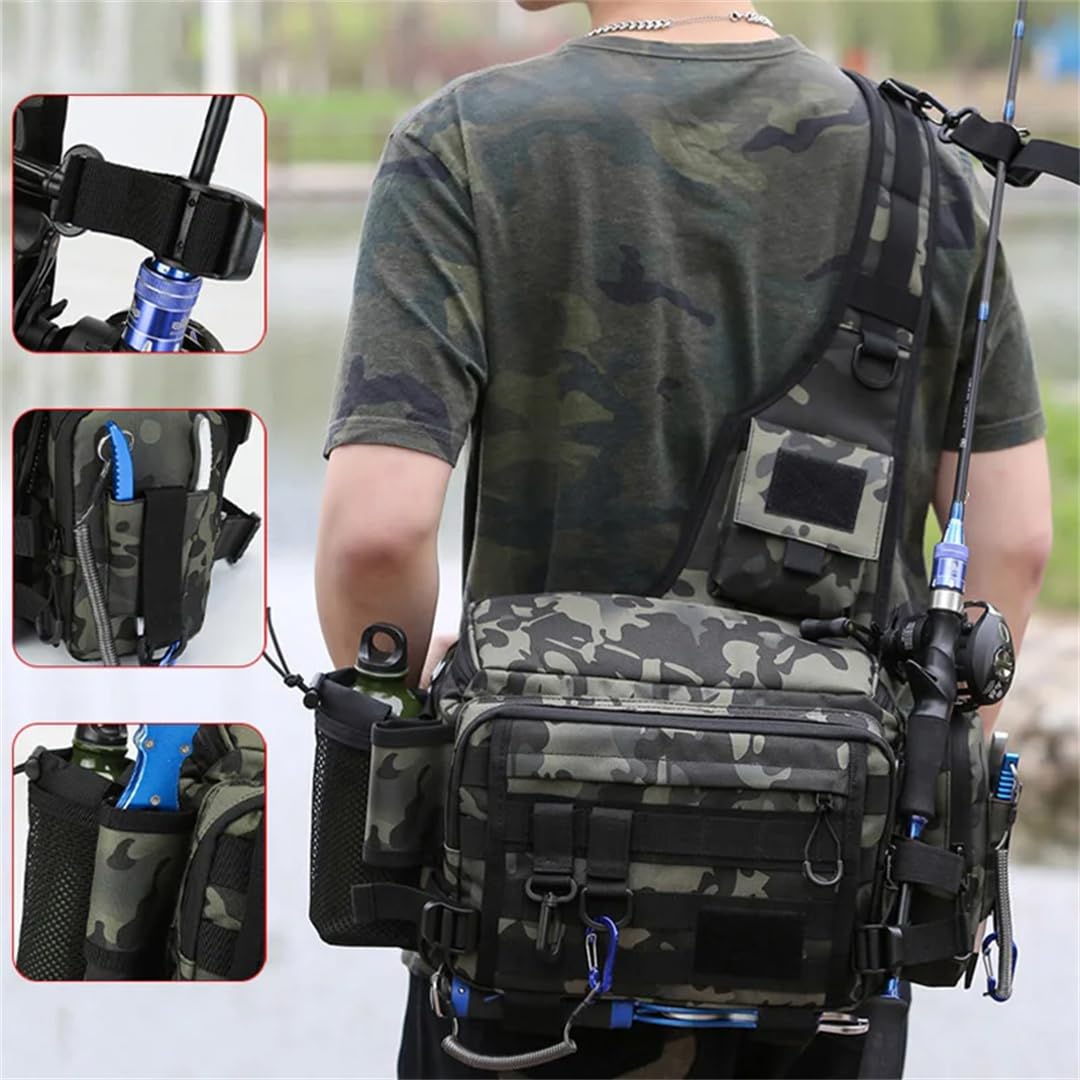 Suwequest Borsa da pesca con esche multifunzione Marsupio per canna da pesca Borsa a tracolla Borsa per attrezzi da pesca, Nero Camo Plus