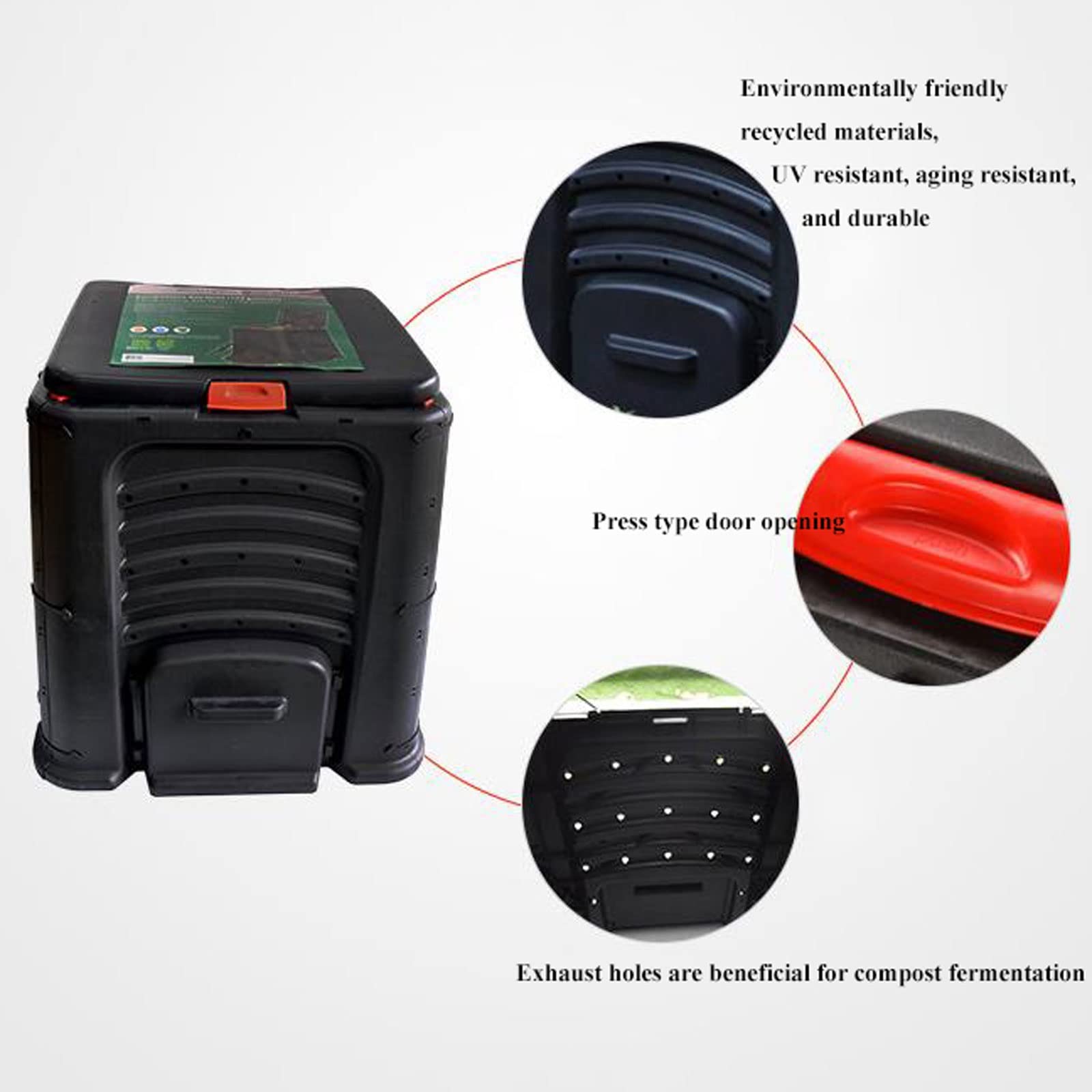 Compostador Jardín Cubo de compostaje, caja de compostaje grande for exteriores de 105 galones (400 L) con tapa abatible superior y 4 puertas de salida inferiores, material libre de BPA, barril de com