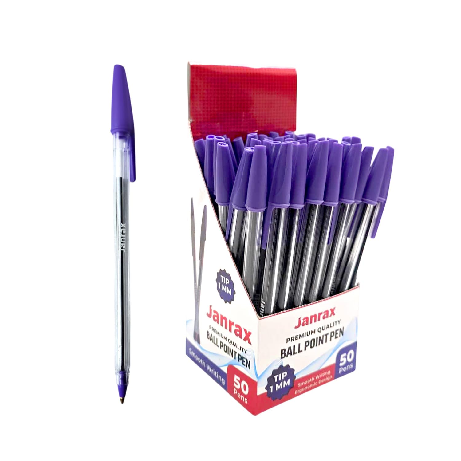 Janrax Box of 50 Purple Ballpoint Pens – Smooth‑Flow Ink, 1mm Medium Tip for Office, School – Everyday Writing