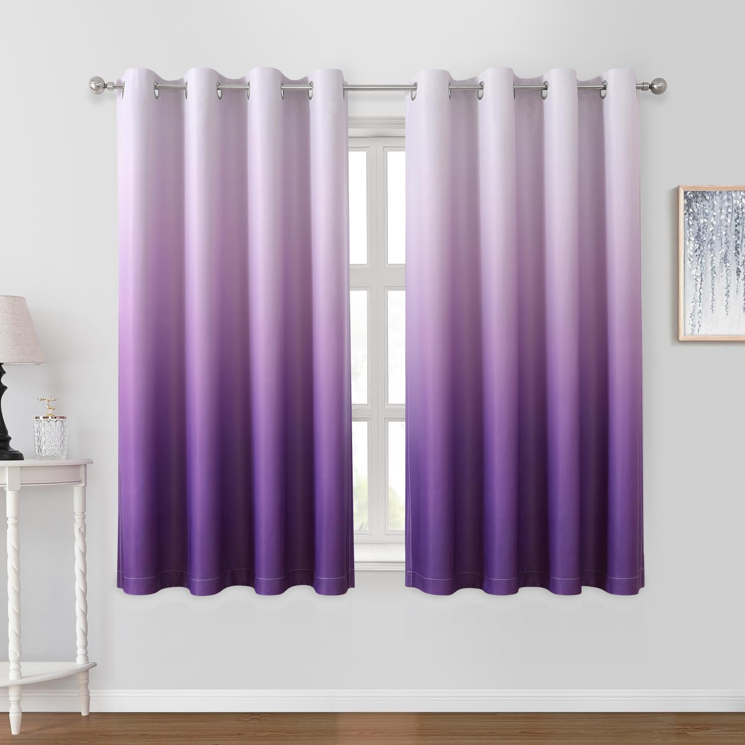 HOMEIDEAS Purple Ombre Blackout Curtains 52 X 63 Inch Length Gradient Room Darkening Thermal Insulated Energy Saving Grommet 2 Panels Window Drapes for Living Room/Bedroom