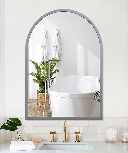 Miniatura 241 de Espejo de pared arqueado negro con marco de aleación de aluminio, espejo de baño de metal cepillado, espejo montado en la pared para sala de estar