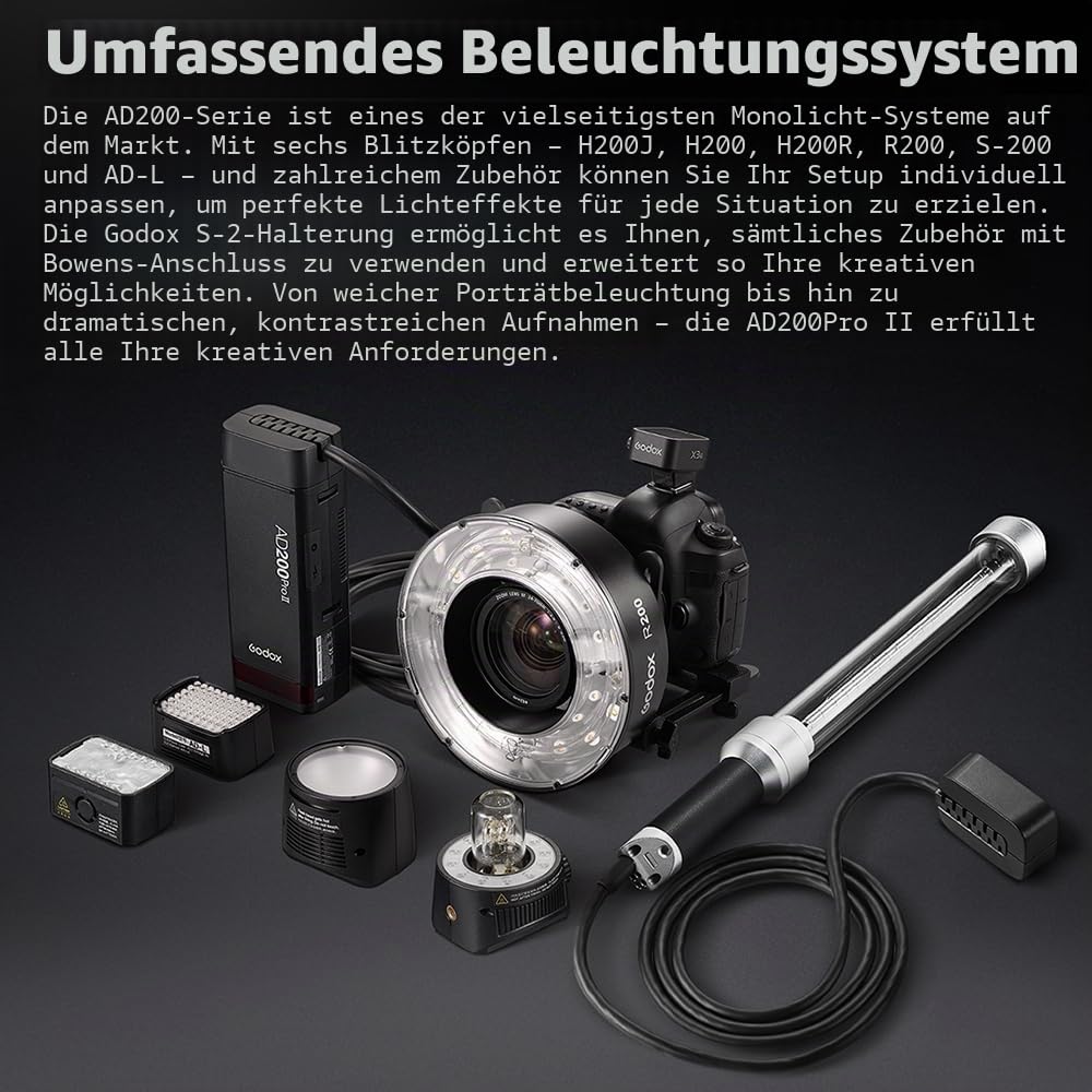 Godox AD200ProII AD200 Pro II Blitzstroboskop,1/8000 HSS,500 Blitze mit voller Leistung, 0,01–2,1 s Recycling,2,4G Wireiess X-System,Blanke Glühbirne/Speedlite Fresnel-Blitzkopf