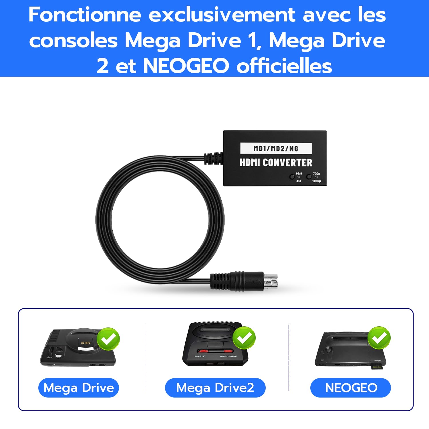Mcbazel Adaptateur HDMI sans Couture pour Mega Drive/NEOGEO pour HDTV, Convertisseur vidéo Multifonction 4:3/16:9, 720P/1080P pour Mega Drive 1/Mega Drive 2/NEOGEO