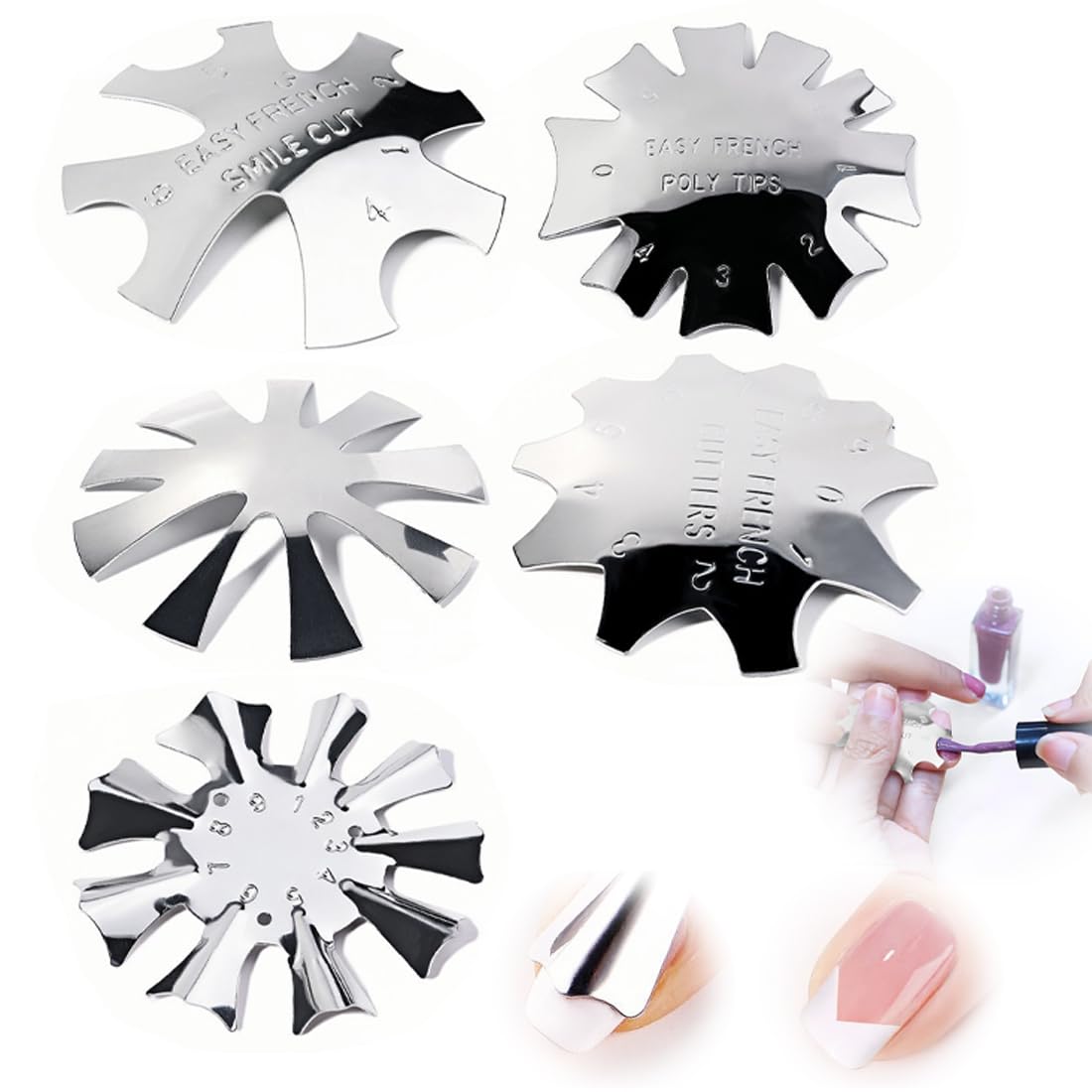 SGERUFZ 5 Piezas French Smile Line Edge Trimmer Cutter,Francesas Cortadores de Uñas Plantillas,Nail Art Edge Recortador Metal Plantilla Cutter Acrílico UV Gel Modelar(Plata)