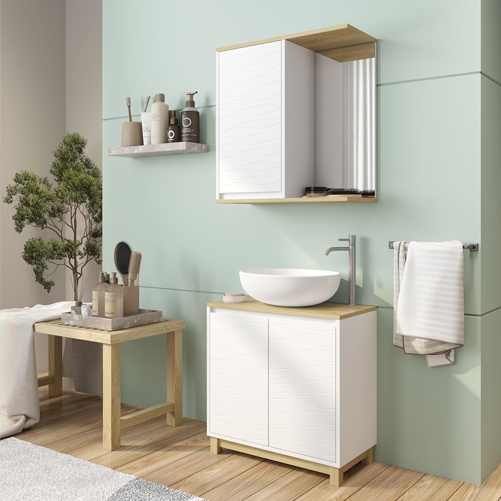 Vicco Set di mobili da bagno Livia, Bianco/quercia, 60 cm, composto da specchio da bagno e mobile sottolavabo