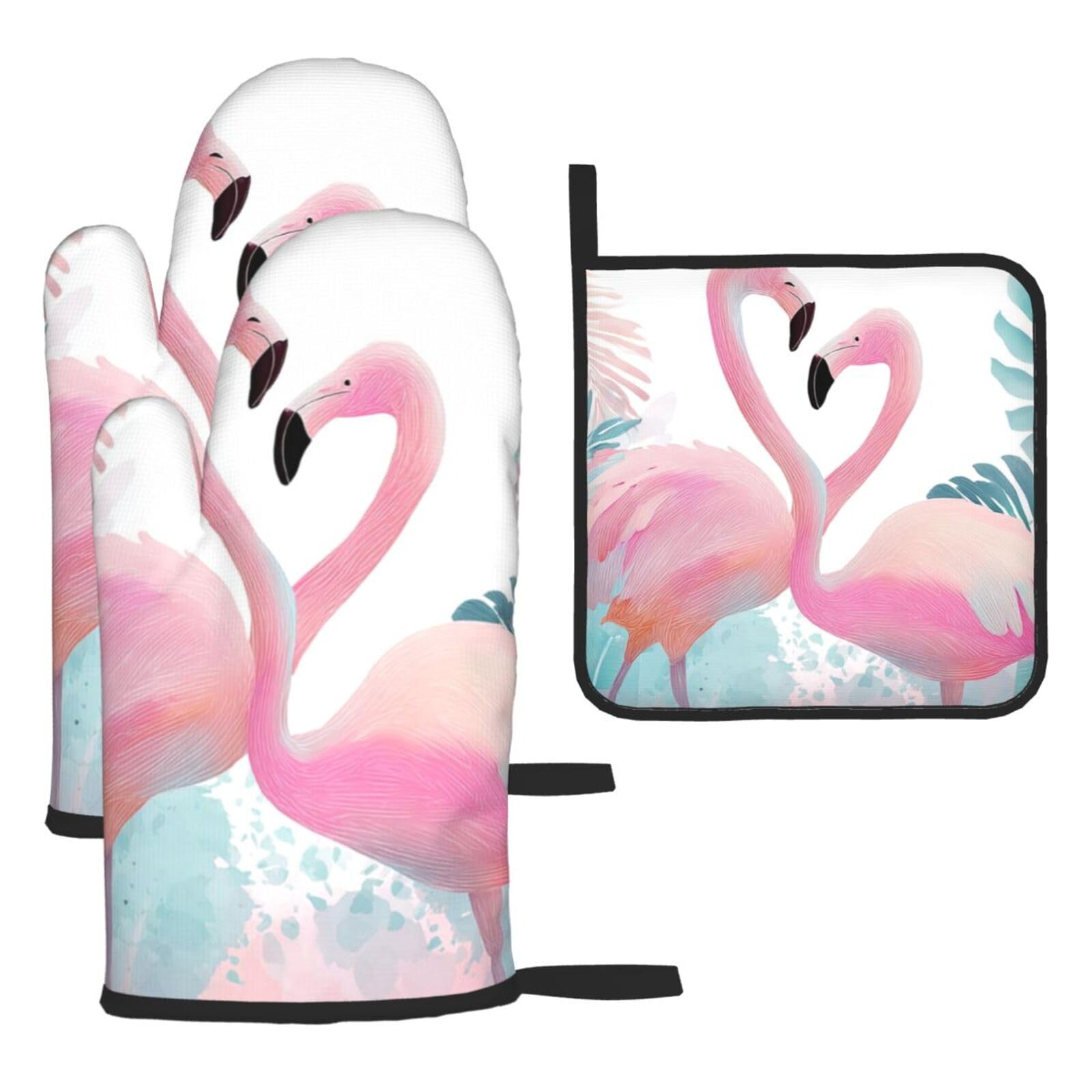 Oven Mitts and Pot Holders Sets of 3 Love Flamingo Oven Mitts 3 Pcs Heat Resistant Non Slip Ovens Gloves Hot Pads Kitchen Gloves Potholders for Baking Cooking BBQ Grilling