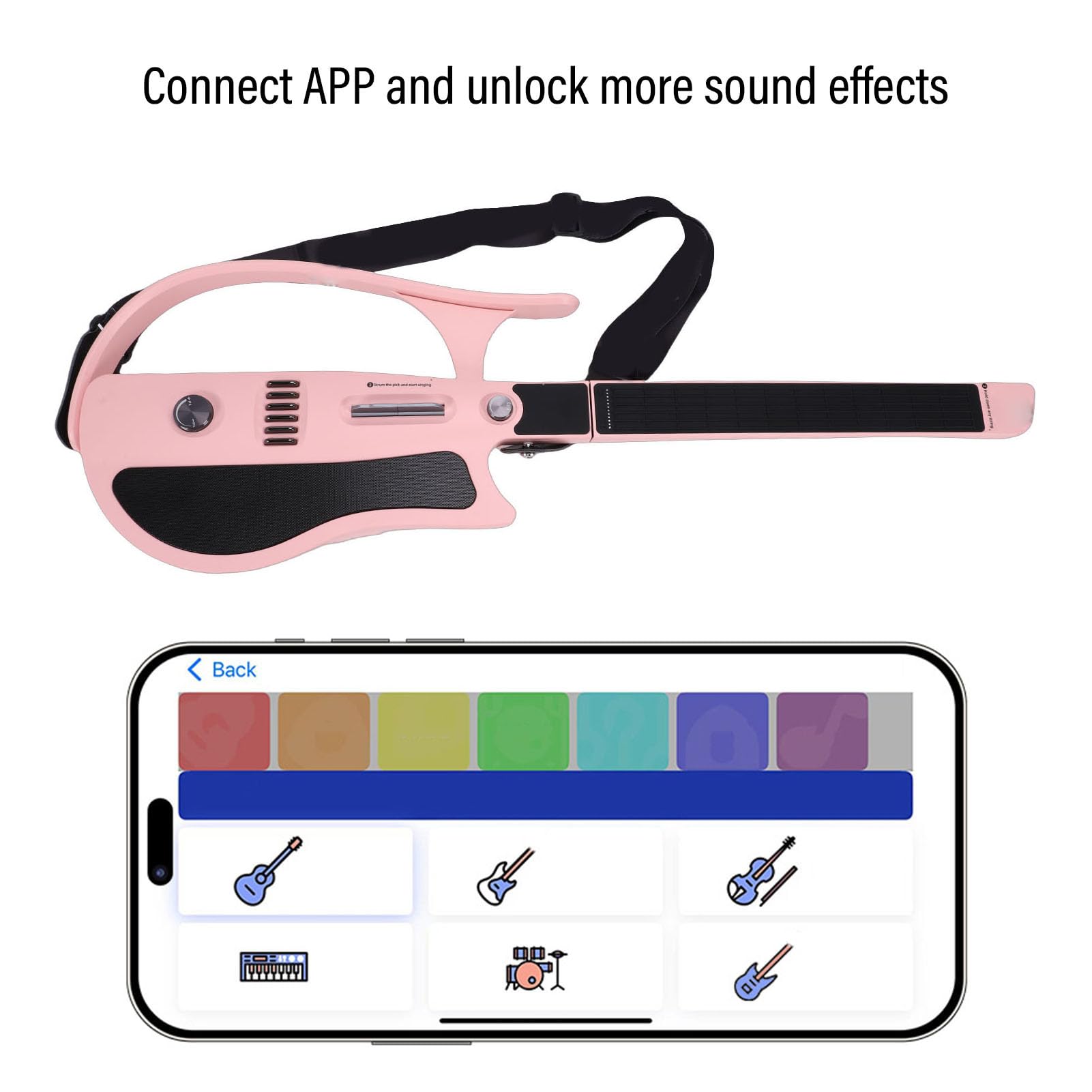 Luocute Chitarra Intelligente Senza Corde, Chitarra da Viaggio Pieghevole con App Fogli di Accordi Interattivi e Drum Machine Integrato per Principianti Adulti Adolescenti Rosa