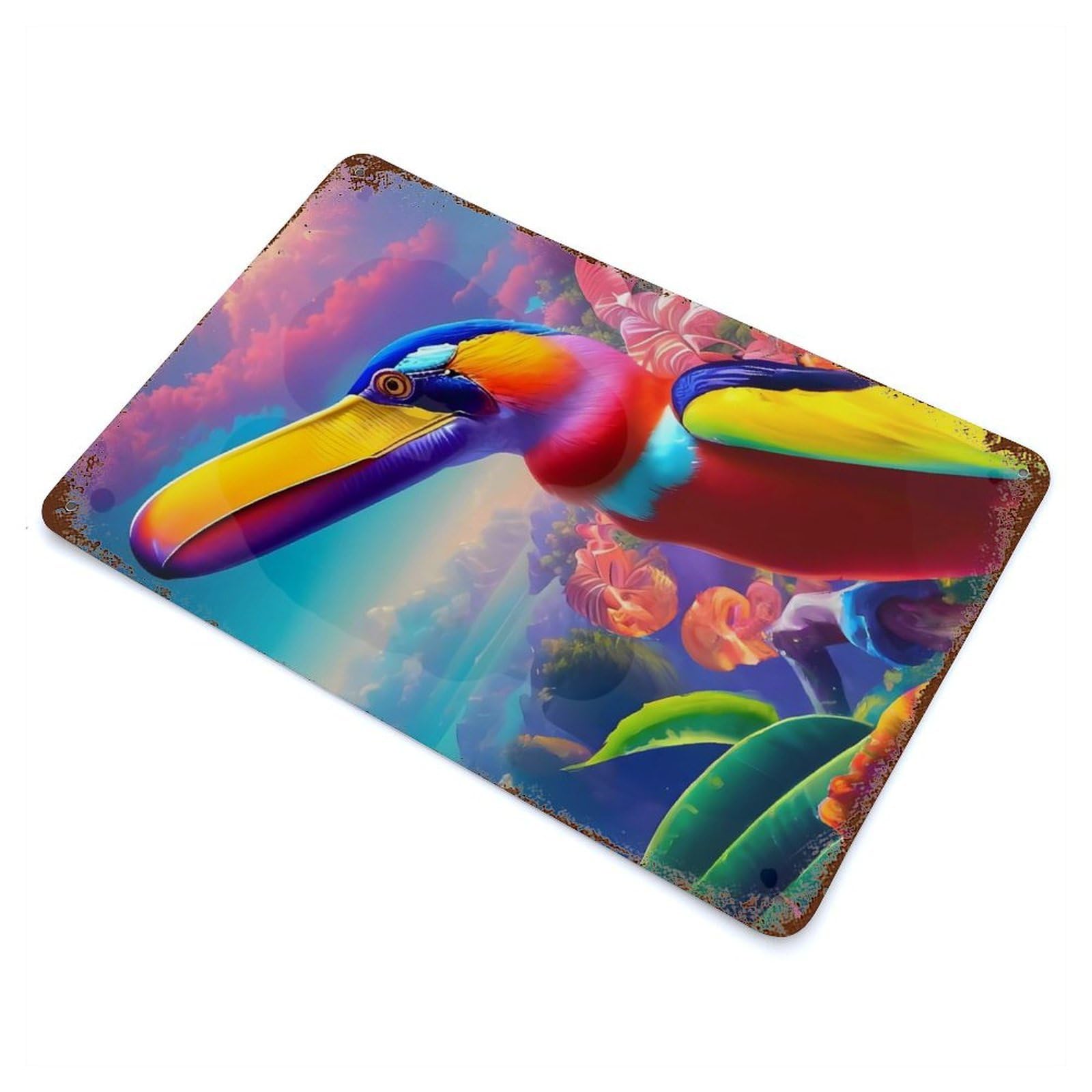 Tropical Psychedelic Bird Weathered Tin Sign 11.8"x7.9", Ideal for Shed, Workshop And Garage Wall Decor
