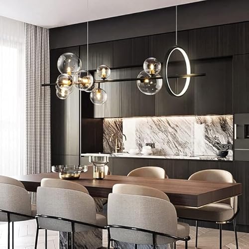 TOT ELECTRIC Lampadario a sospensione 7 sfere G9 bolle trasparenti in vetro luce con cerchio da soffitto nero argento design Sala Appeso moderno (Nero)