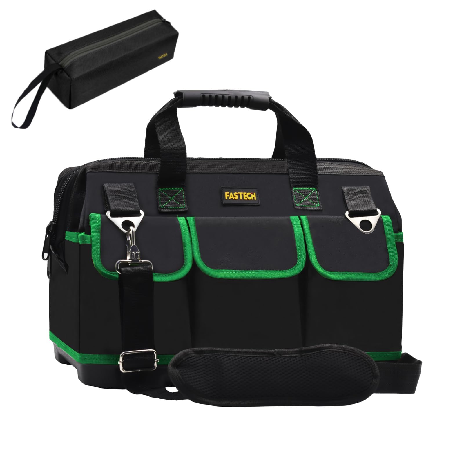 FASTECH20 Inch Tool Bag, Waterproof Wide Mouth Tool Kit, Heavy Duty Tool Bag Organizer With Shoulder Straps and Molded Base, Tool Storage Package For Screwdrivers, Pliers, Nut Drivers (Green20IN)
