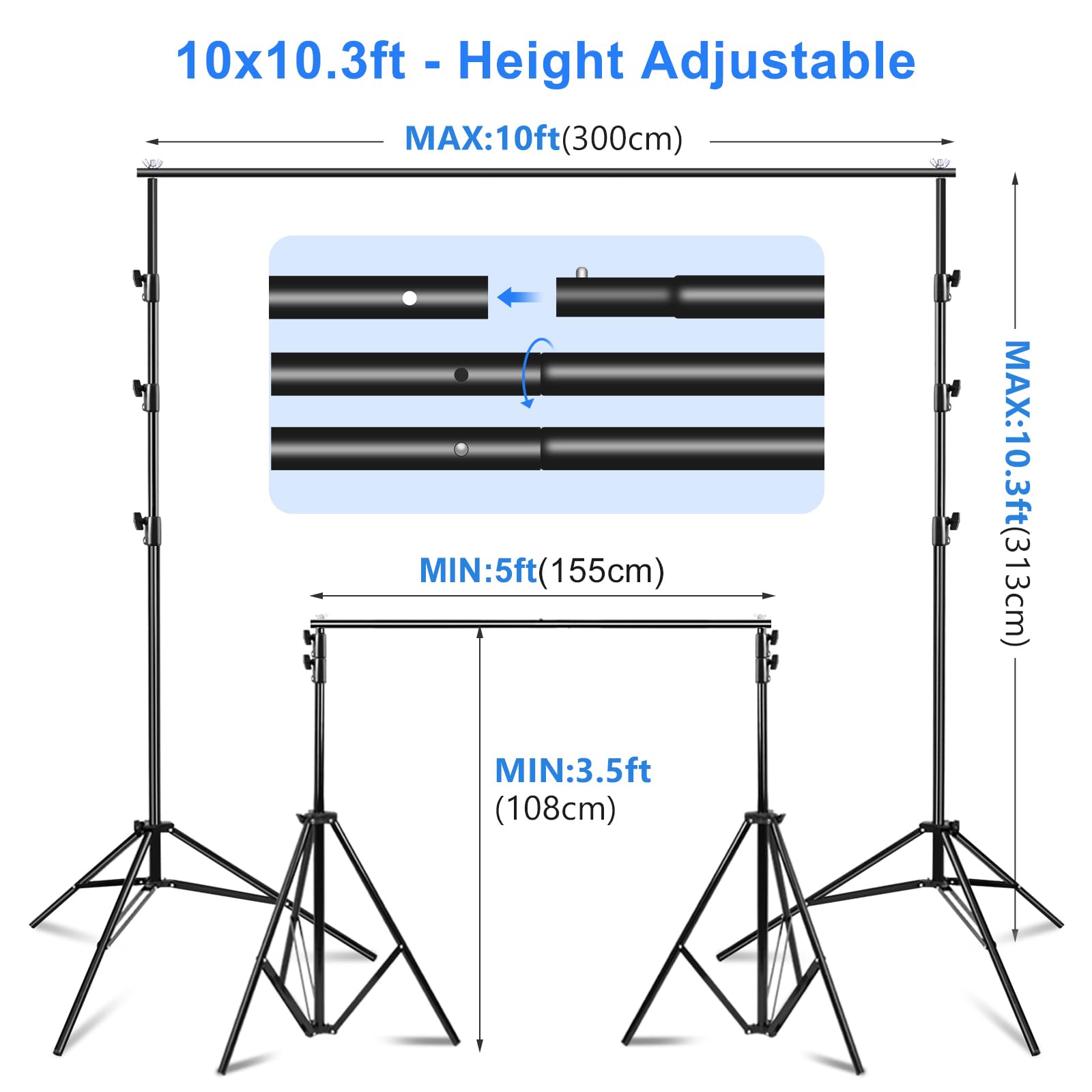 Kit de soporte de fondo de fotografía de 3 x 3 m, soporte de fondo ajustable, sistema de soporte de telón de fondo, soporte resistente para sesión de fotos de estudio, retratos, fiestas de boda